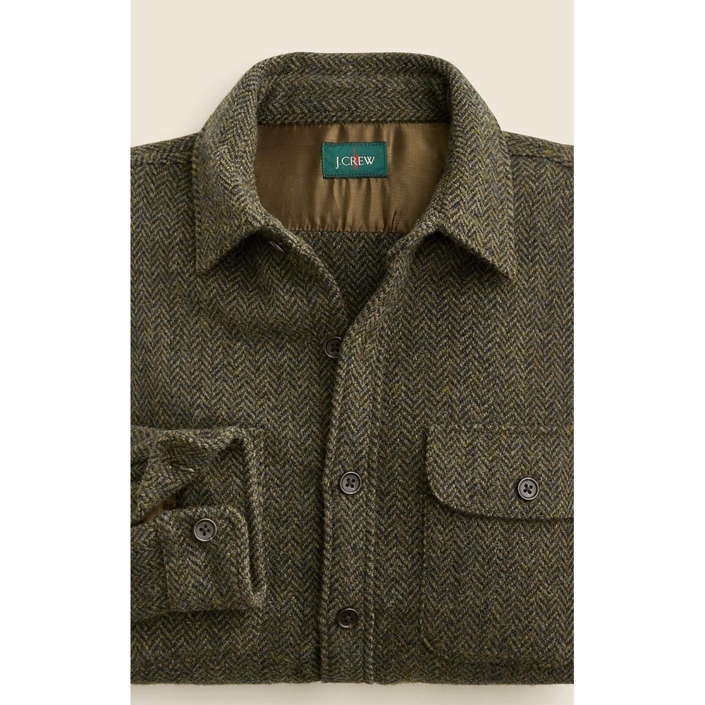 J.Crew Mens Re-Imagined Wool Herringbone Shirt Jacket Olive Brown Large